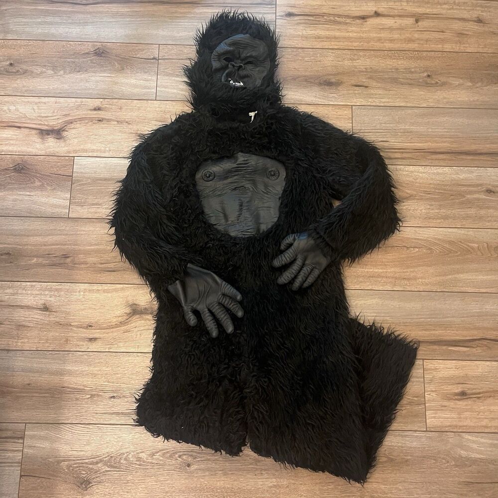 Black Faux Fur Gorilla Suit Costume Outfit Halloween Full Body Suit Kids Youth L